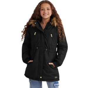 Justice Stylish Girls Black Hooded Parka Coat with Faux Fur Trim‎ Kids Jacket
